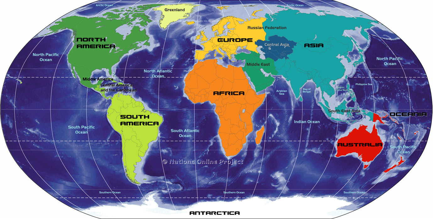 Map of the Continents of the World, Africa, Antarctica, Asia, Australia/Oceania, Europe, North America, and South America