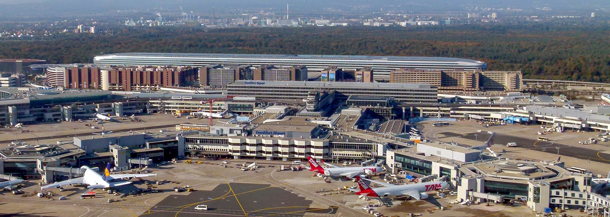 Aerial view of the central buildings of Frankfurt Main Airport, Germany
