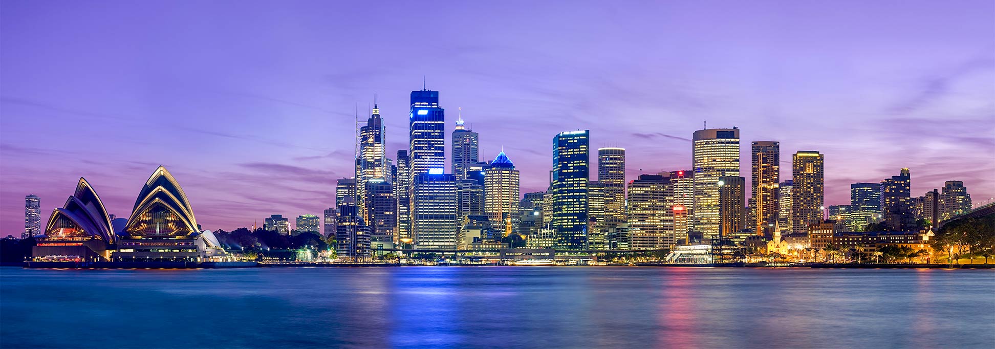 Panoramic view of the Sydney skyline seen across Sydney Harbour from Kirribilli