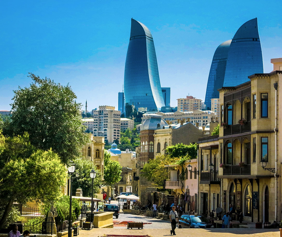 Azerbaijan, City of Baku, in background the 'Flame Towers'