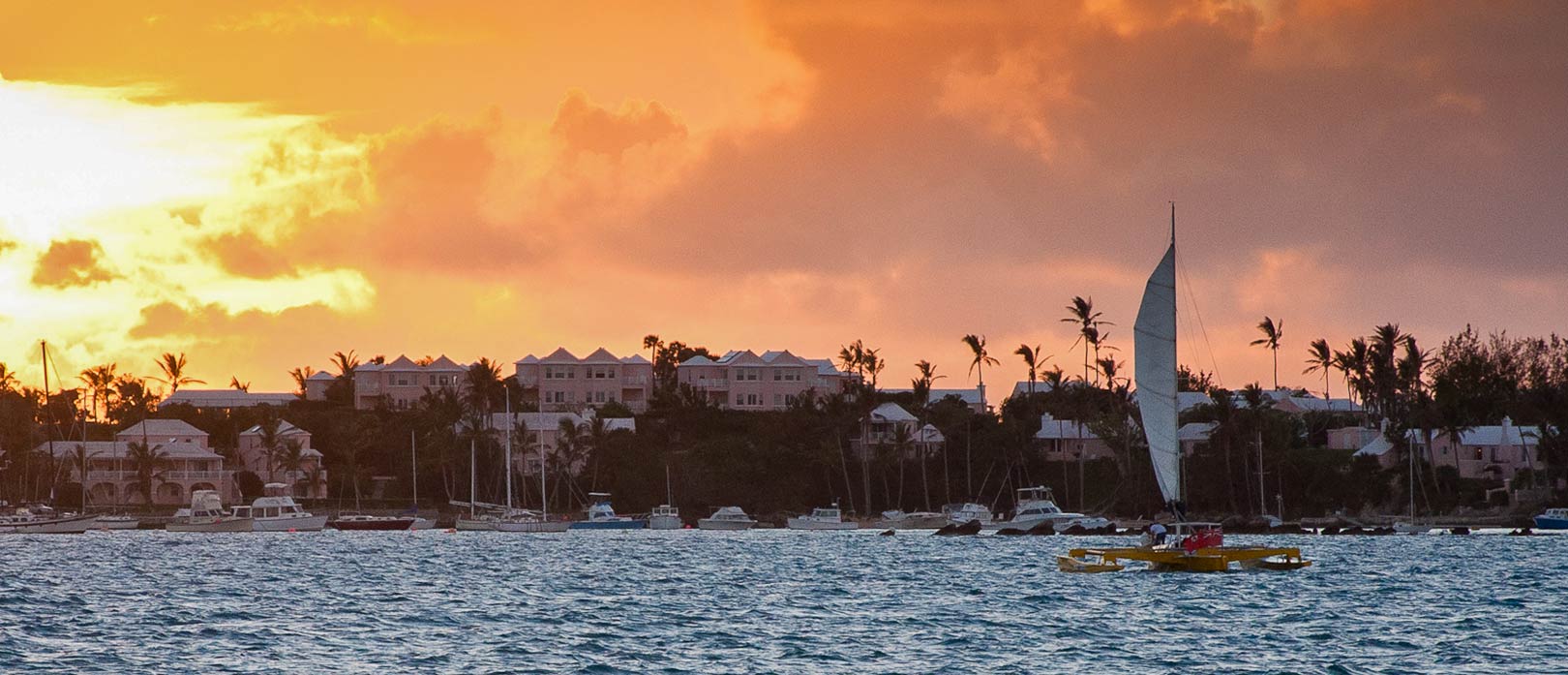 View of Bermuda from the sea at sunset