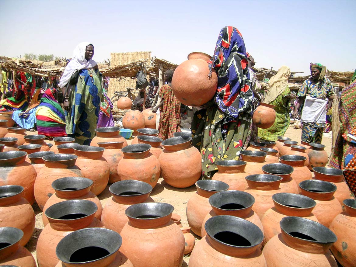 Songhay pottery on a market in Gorom-Gorom, Burkina Faso