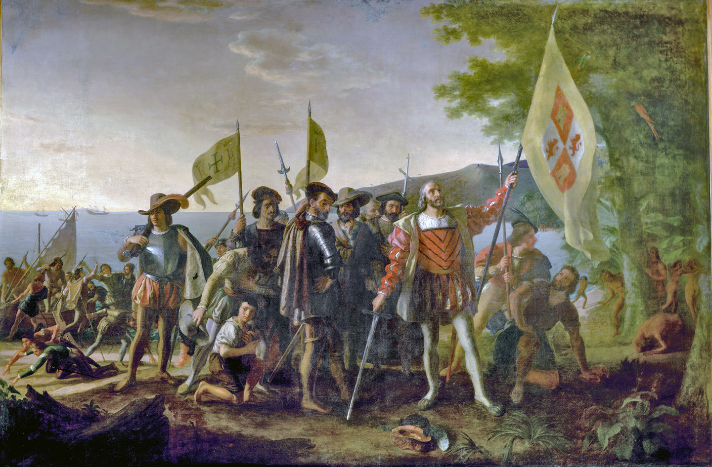 Painting of the landing of Columbus in the Caribbean in 1492