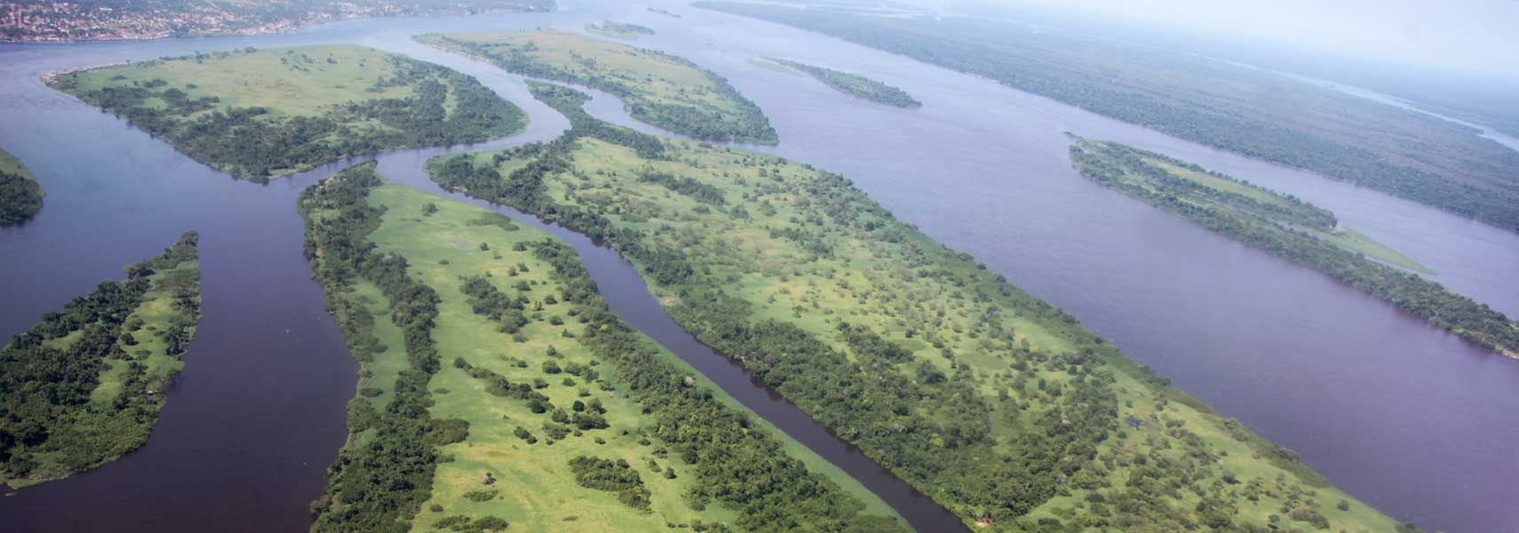 Aerial view of the Congo River near Kisangani, capital of Orientale Province, Democratic Republic of the Congo