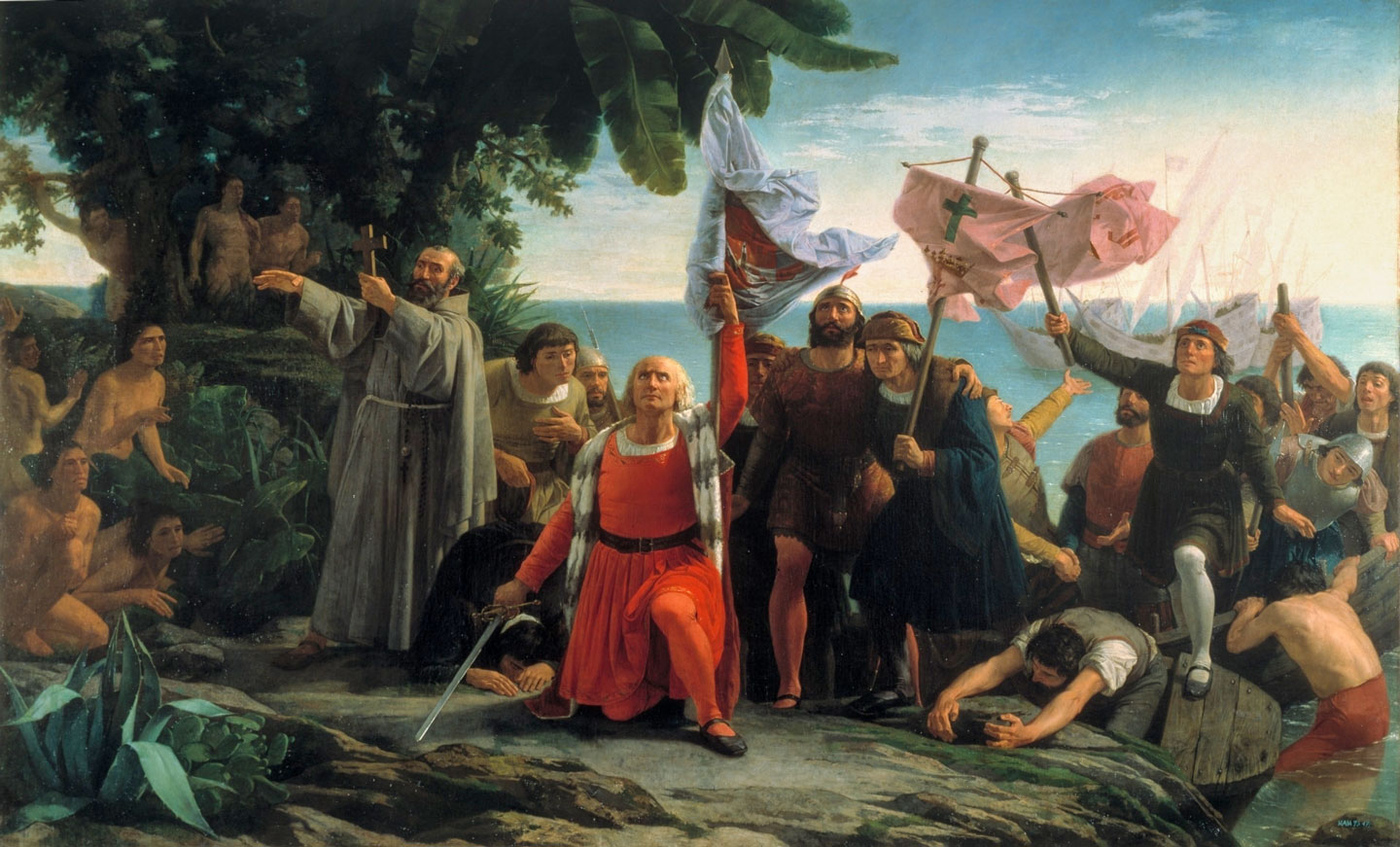 Columbus with sword and flag conquering the New World.