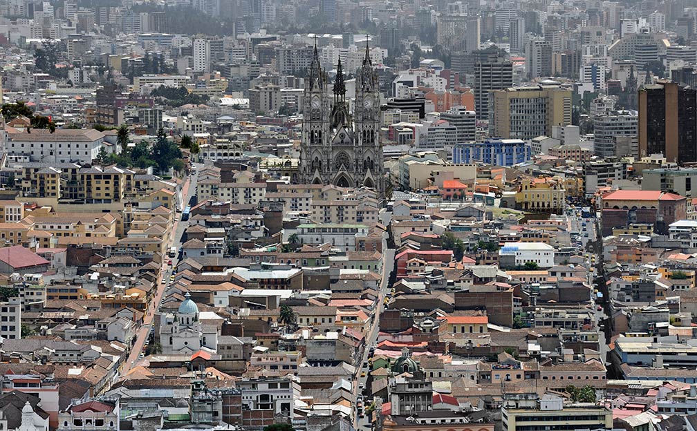 Quito, Historic Center, as seen from El Panecillo, with Basílica del Voto Nacional in the center