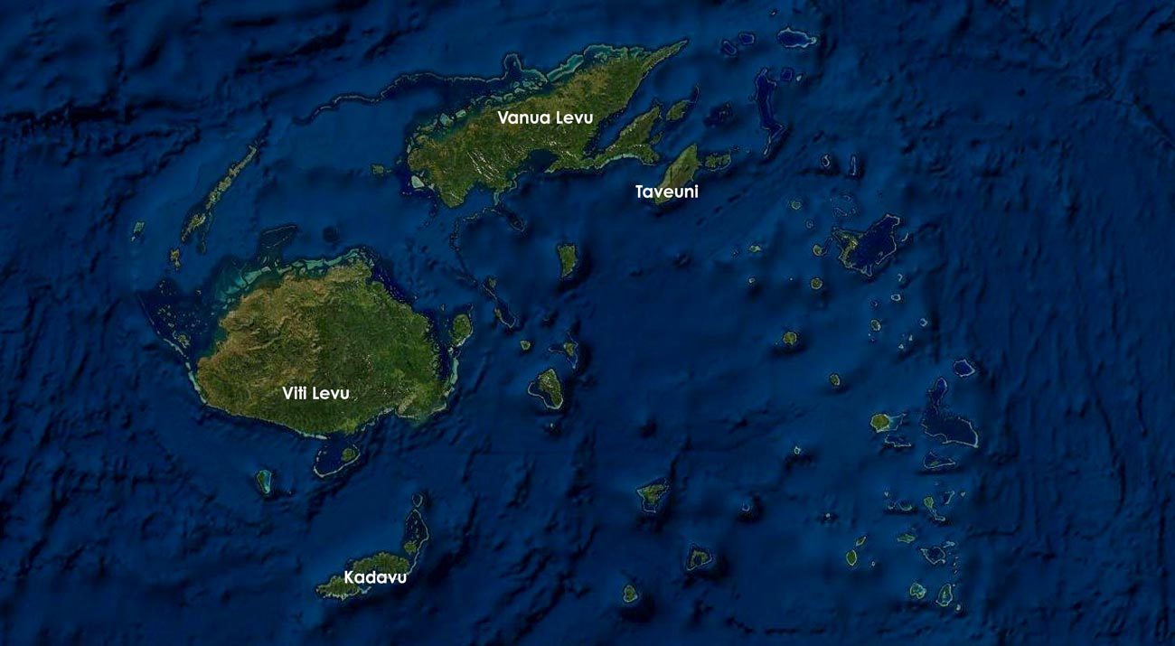 Satellite view of the main islands of Fiji.