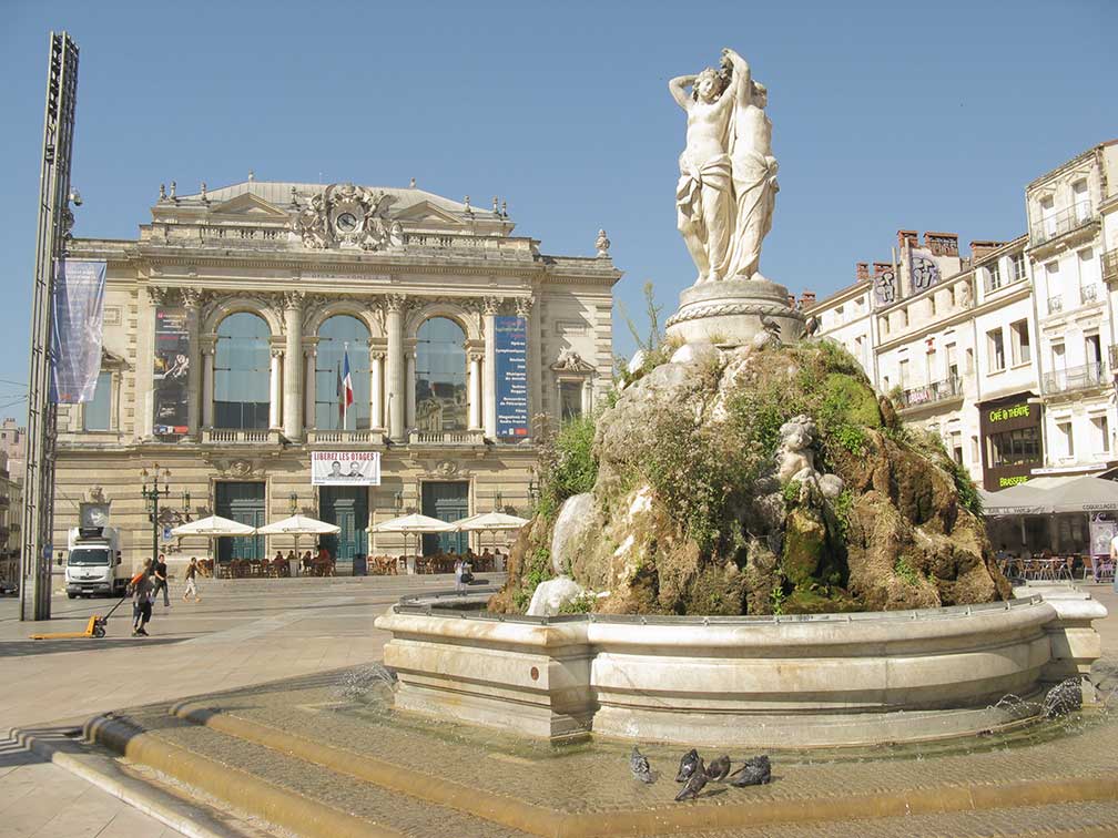 Theater and fountain in the Place de la Comédie in Montpellier, France