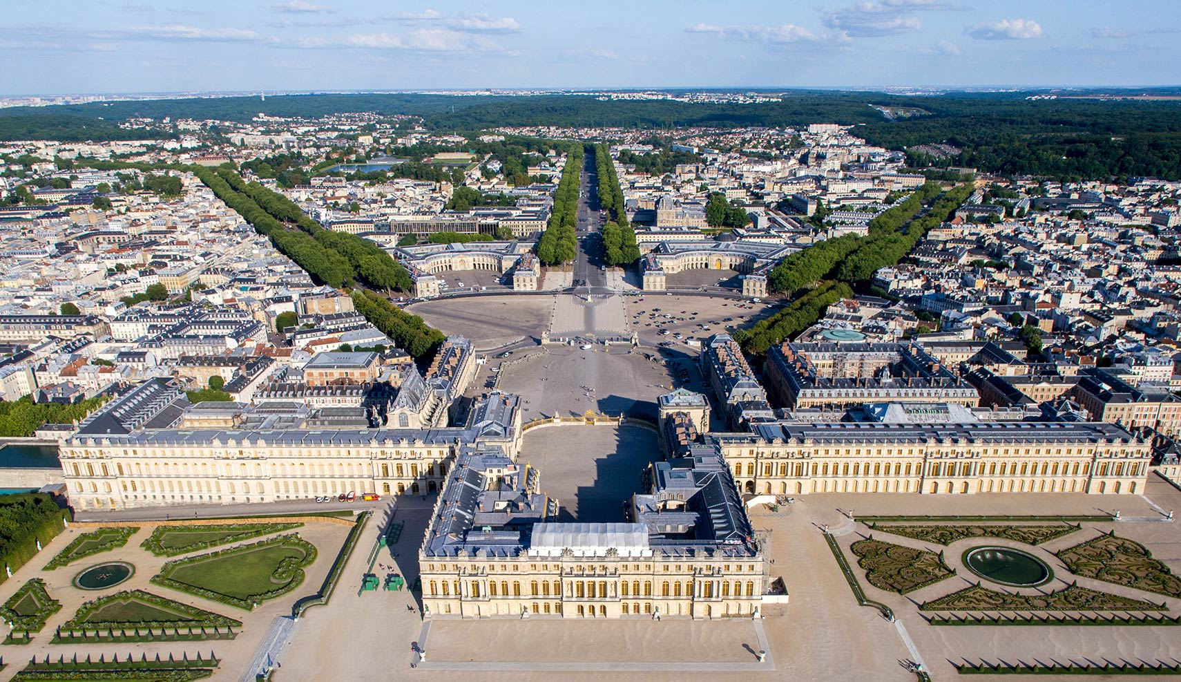Aerial view of the city and palace of Versailles, France