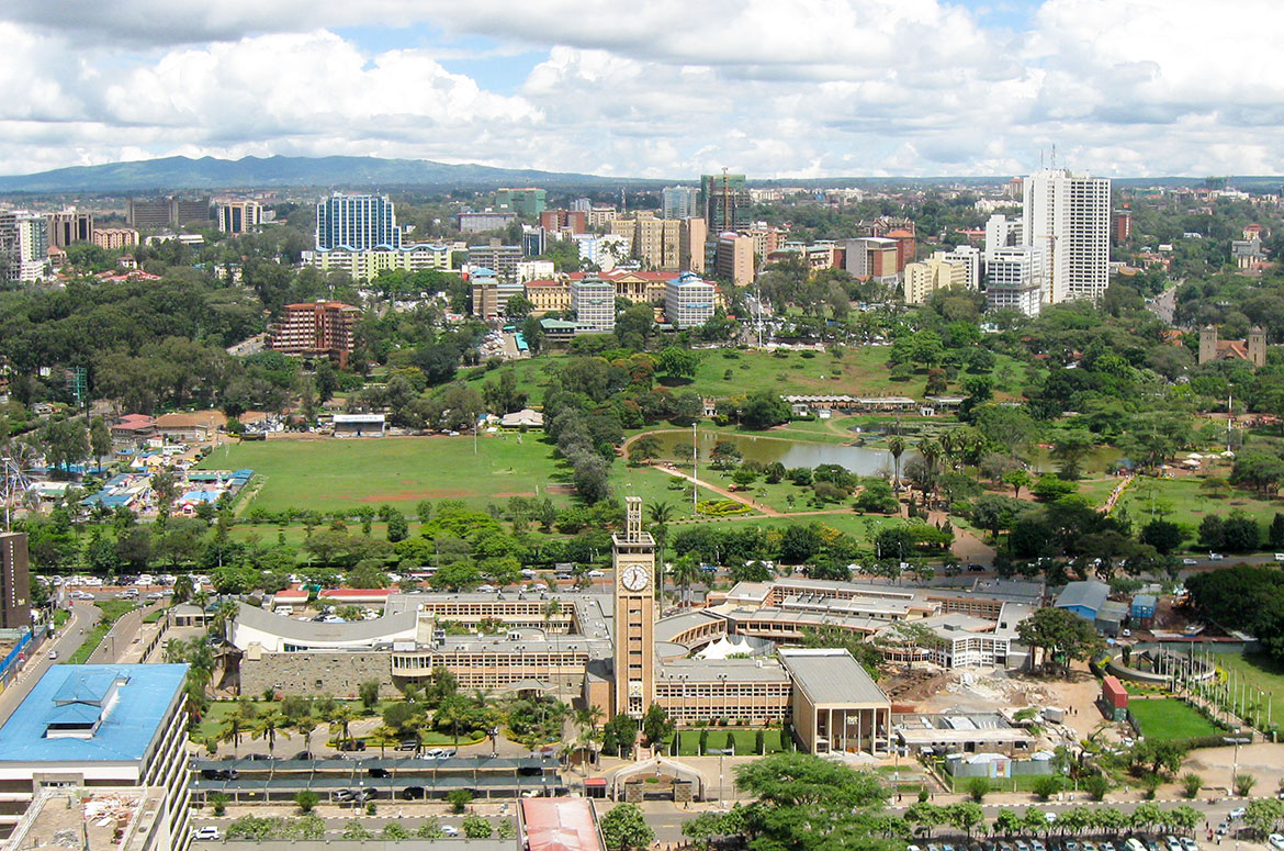 Nairobi and the Parliament of Kenya, seen from the Kenyatta International Conference Centre tower