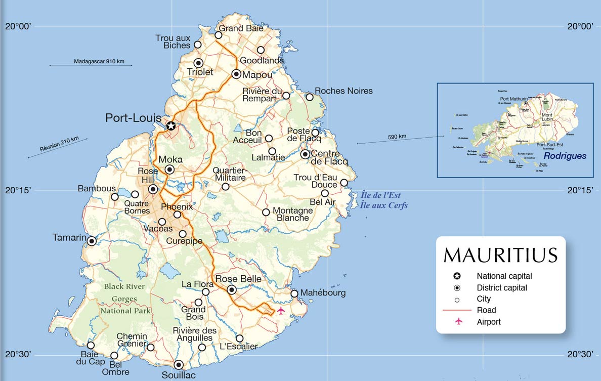 Mauritius Map with towns and roads