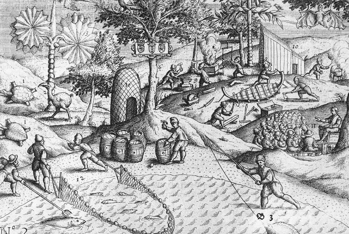 Copper engraving from 'Het Tweede Boeck' showing Dutch activities on the shore of Mauritius