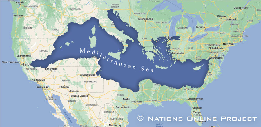 The Mediterranean Sea compared in size with the USA. 