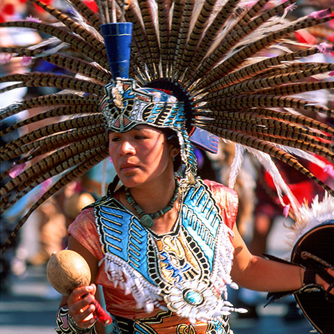 Dancer in prehispanic period costume.