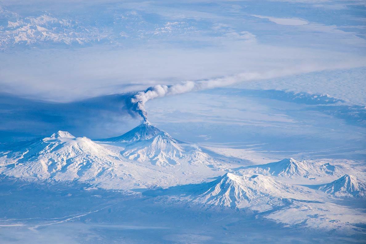 Eruption of Klyuchevskaya Sopka, a stratovolcano on the Kamchatka Peninsula in the Russian Far East.