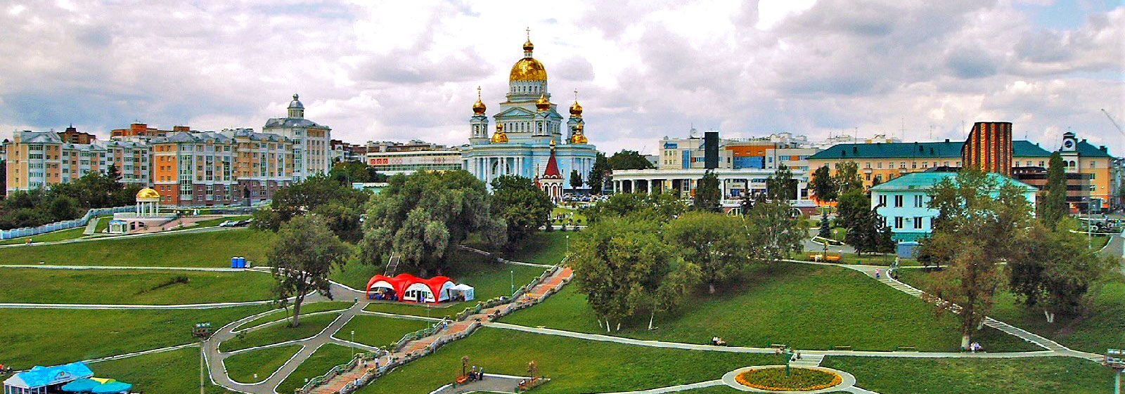 City of Saransk from Pushkin Park, Cathedral of St. Theodore Ushakov in center, Saransk, Russia