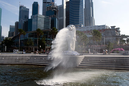 the Merlion, in front of Singapore central business district