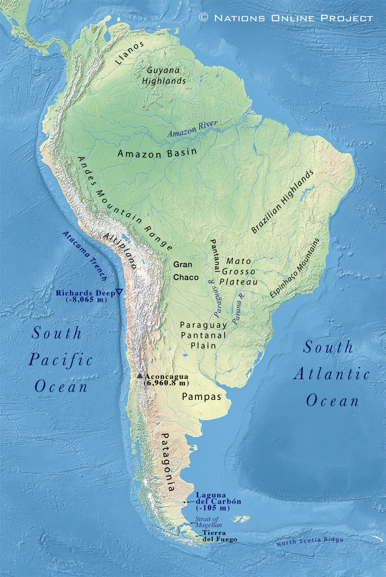 Topographic Map of South America with annotations