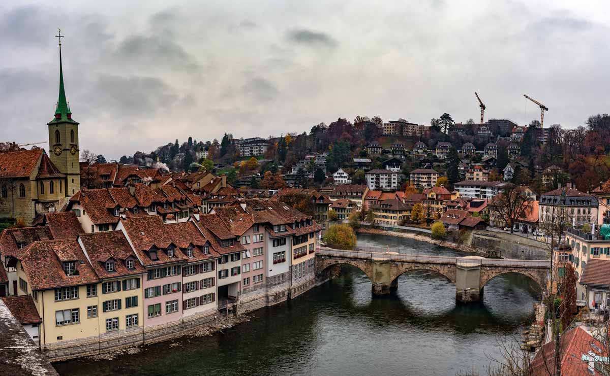 Old City of Bern at Aare river, Nydeggkirche and Untertorbrücke, Switzerland.