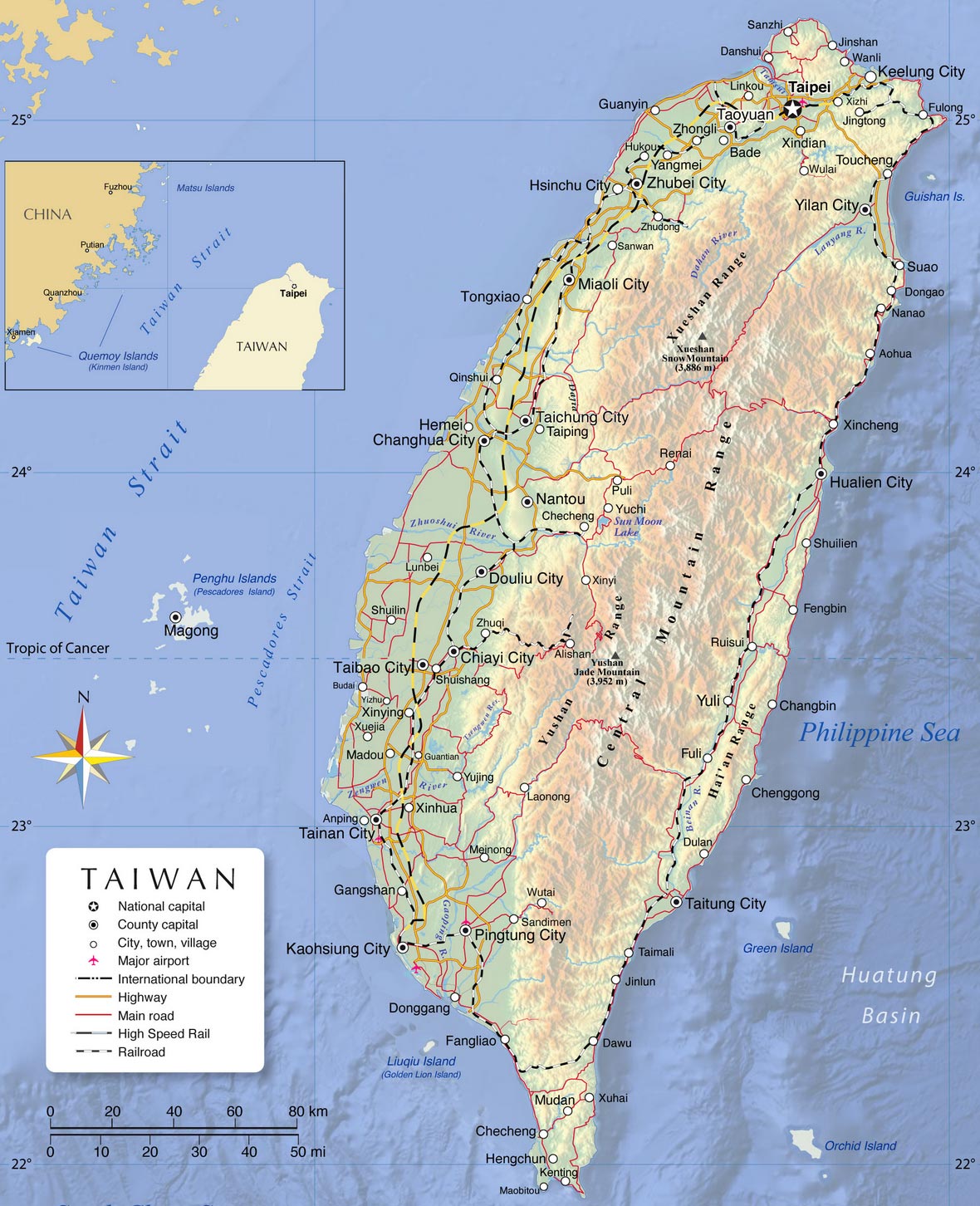 Detailed map of Taiwan with cities, main roads, railroads and airports