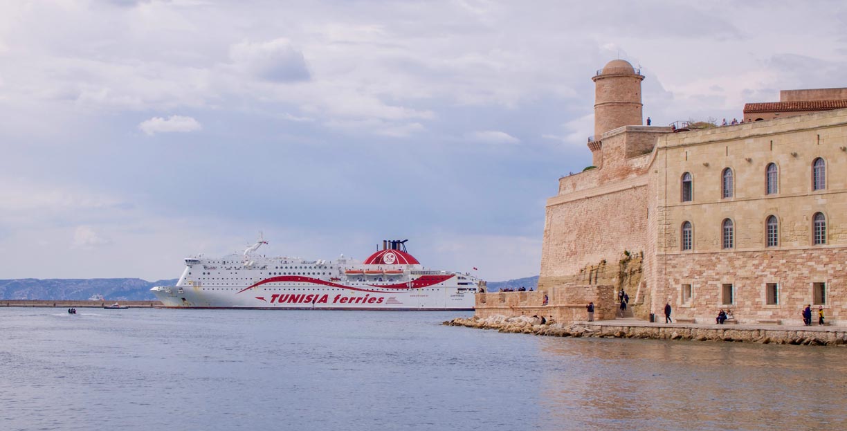 A Ro-Pax vessel of Tunisia Ferries leaves Marseille