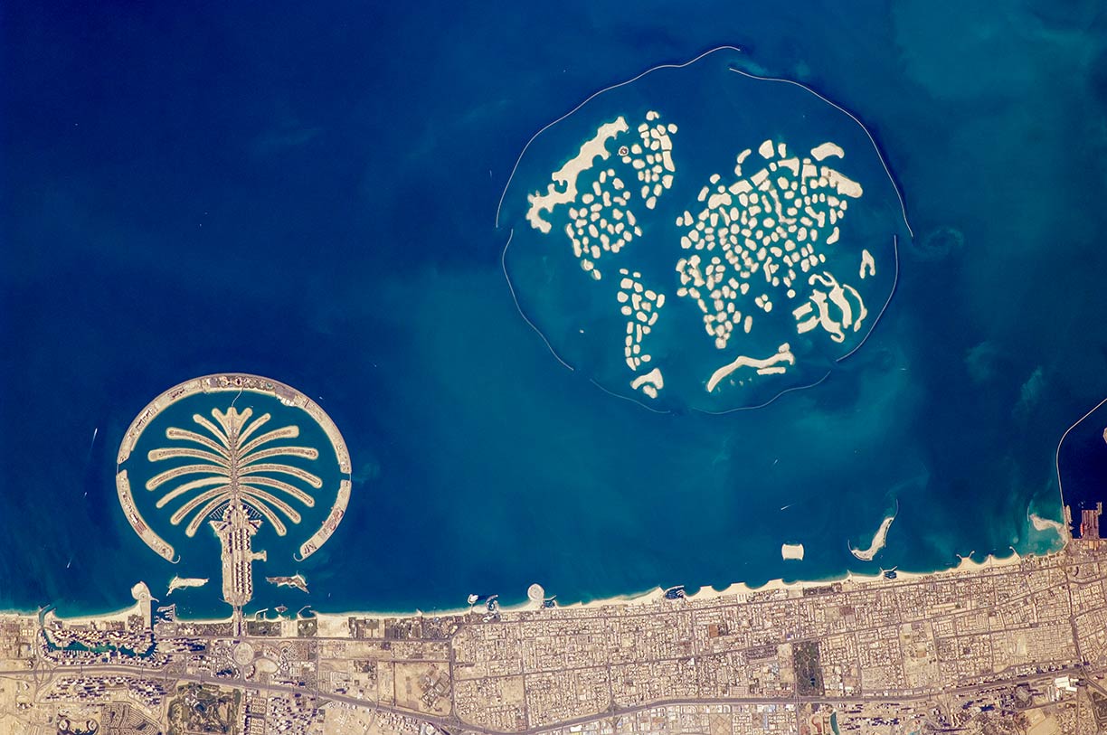 Satellite image of the artificial archipelagos in Dubai, UAE