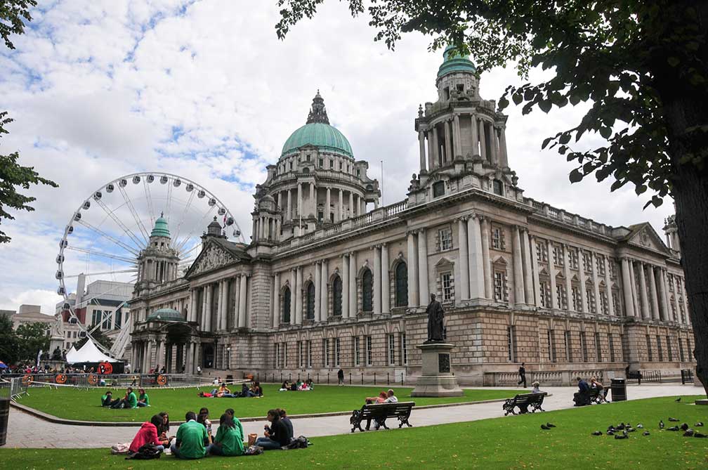 City Hall and the Big Wheel in Belfast, Northern Ireland, United Kingdom