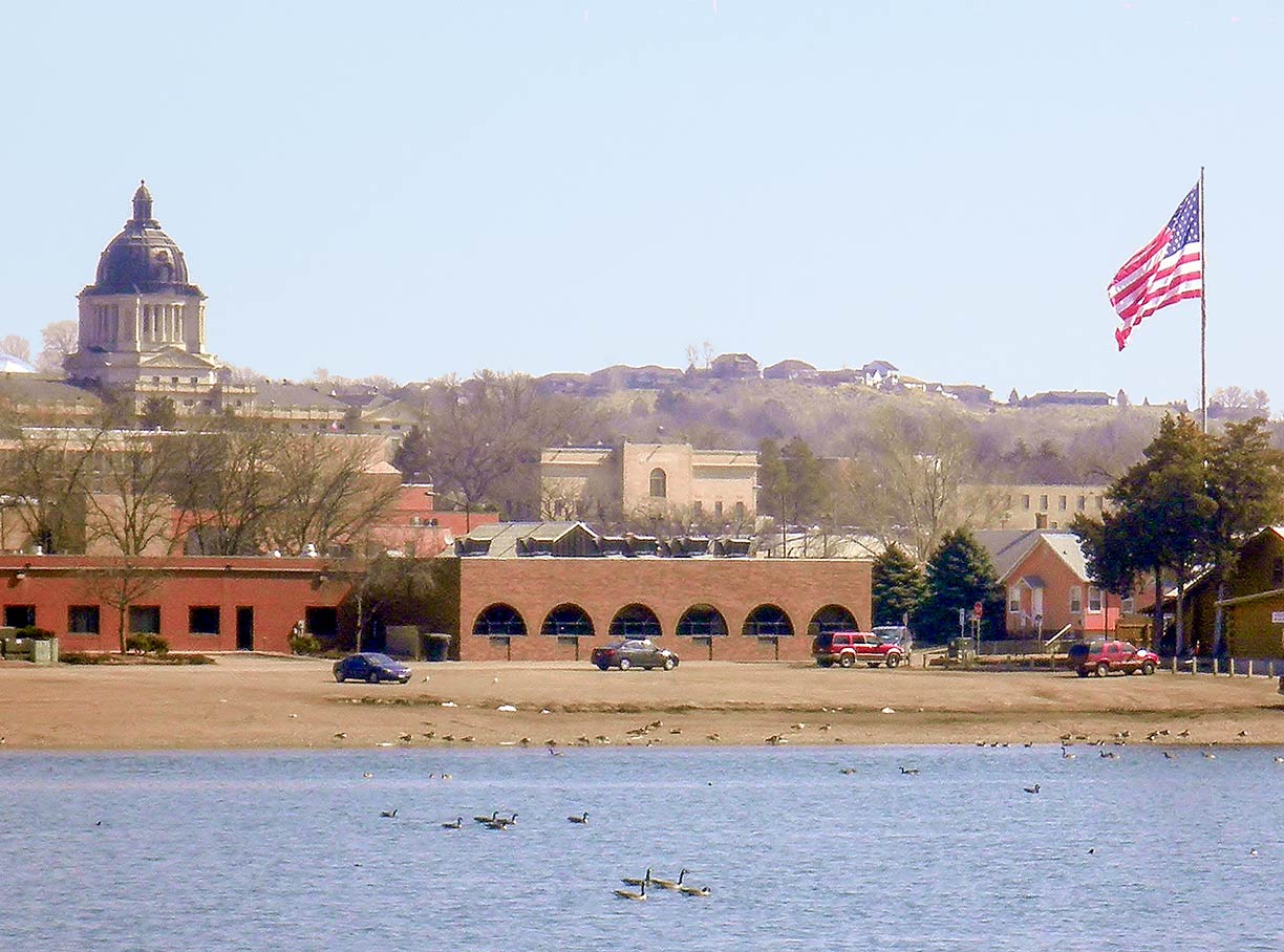 City of Pierre at the Missouri River, with South Dakota State Capitol