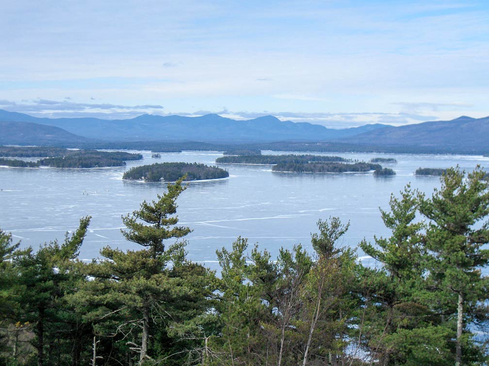Ice covered Lake Winnipesaukee in the Lakes Region of  New Hampshire