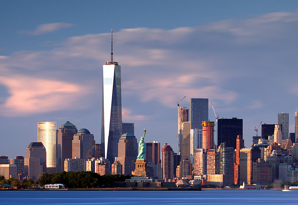 New York City Downtown with Statue of Liberty and One World Trade Center