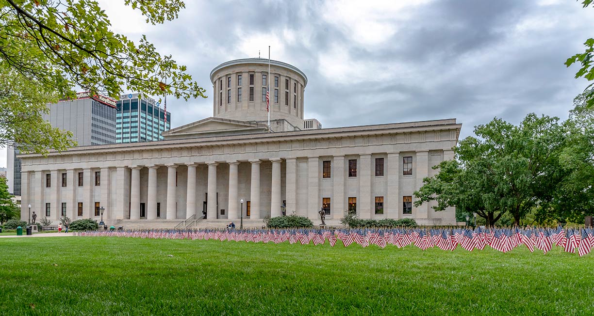 9/11 memorial, 2,977 flags at Ohio Statehouse on Capitol Square, Columbus, Ohio, USA