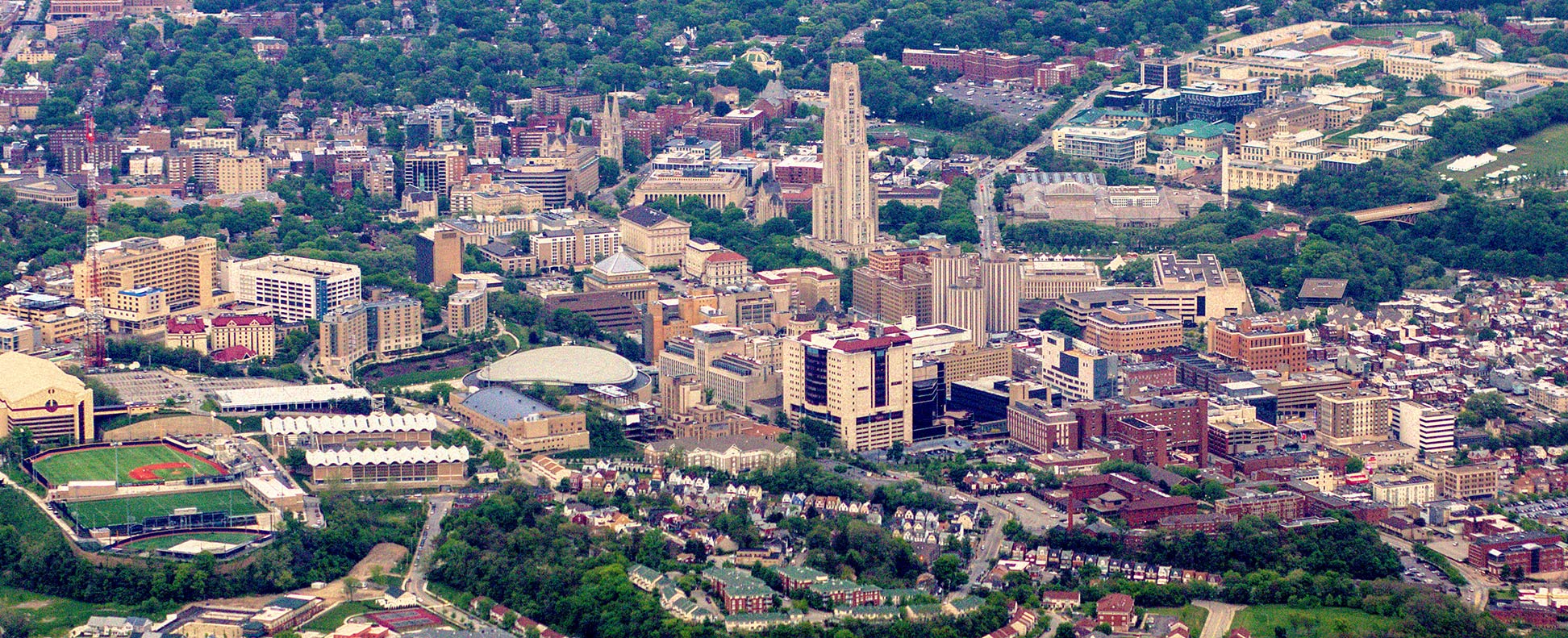 Aerial view of Oakland neighborhood of Pittsburgh,Penn
