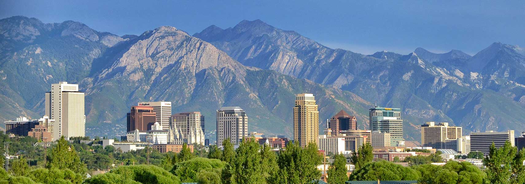 Skyline of Salt Lake City with  Wasatch mountains, Utah.