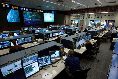 Space station flight control room in the Mission Control Center at Johnson Space Center in Housten, Texas