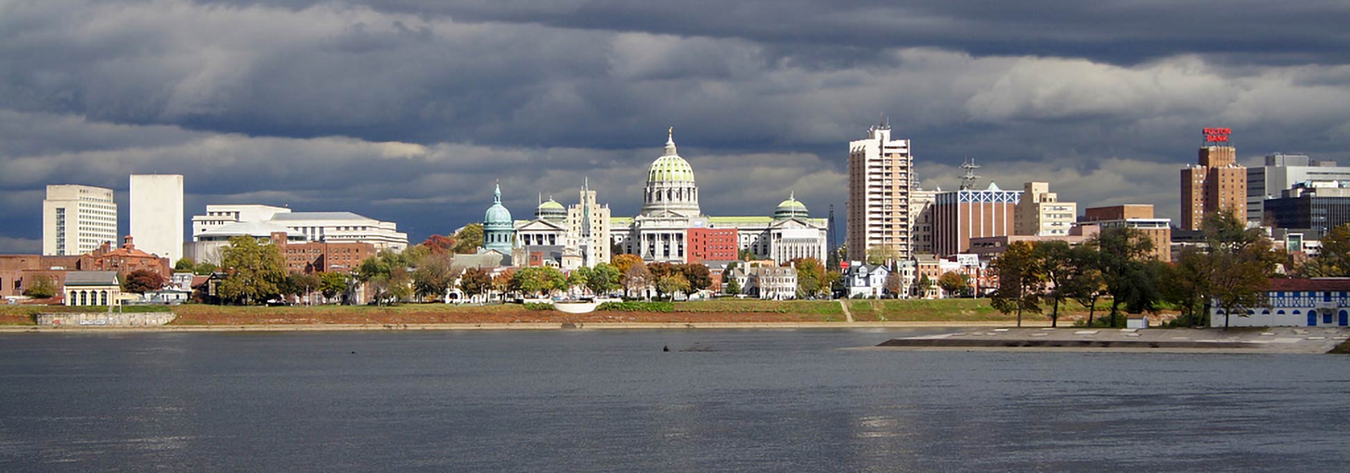 View of Harrisburg at Susquehanna River, capital of  Pennsylvania, with State Capitol Building