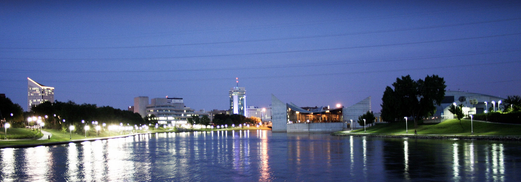 Wichita at night with Exploration Place the Arkansas River