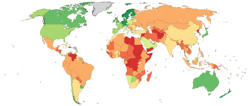 Worldmap of Countries by Corruption Perceptions Index score