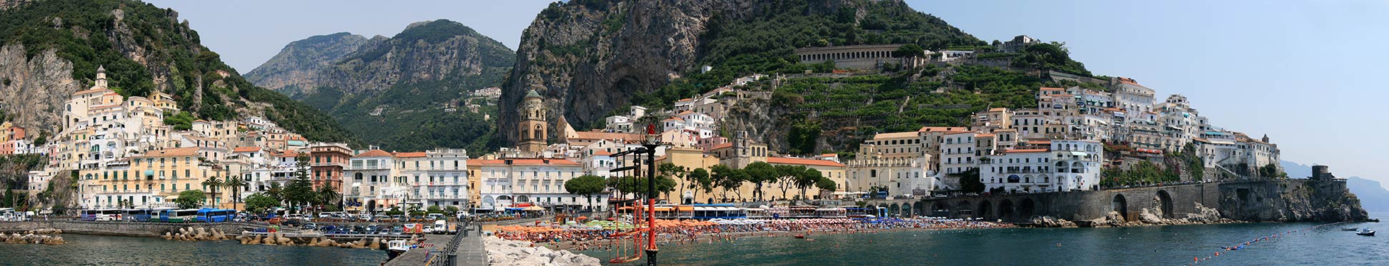 Panoramic view of Amalfi with the Amalfi Cathedral in Southern Italy