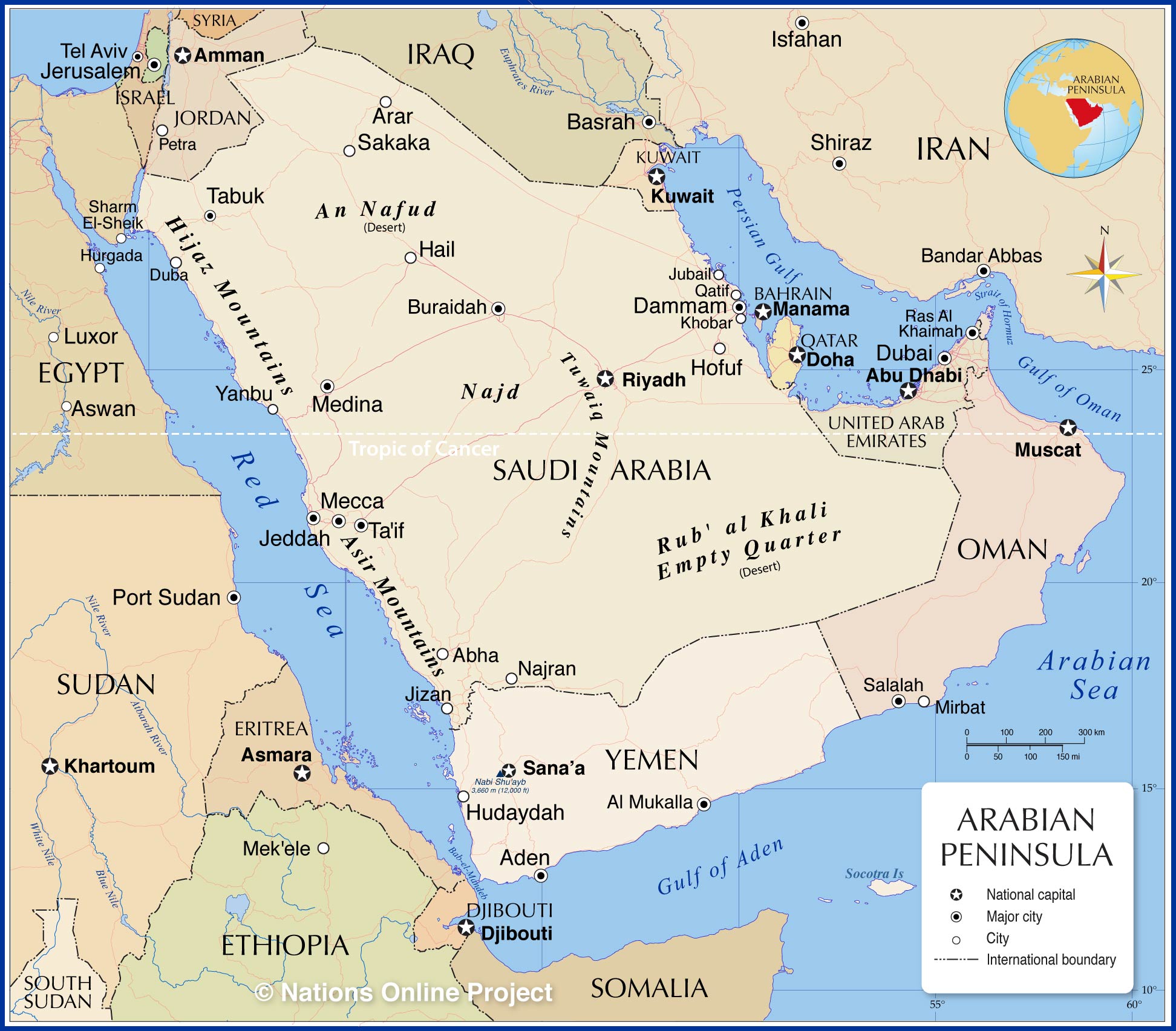 Arabia, Map of the Arabian Peninsula showing the Gulf states of Bahrain, Kuwait, Iraq, Oman, Qatar, Saudi Arabia and the United Arab Emirates.