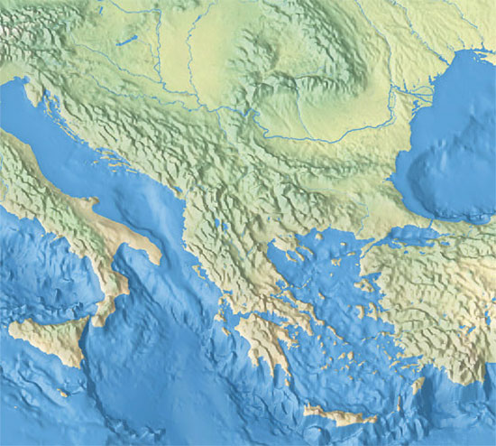 Balkan Peninsula topographical map view