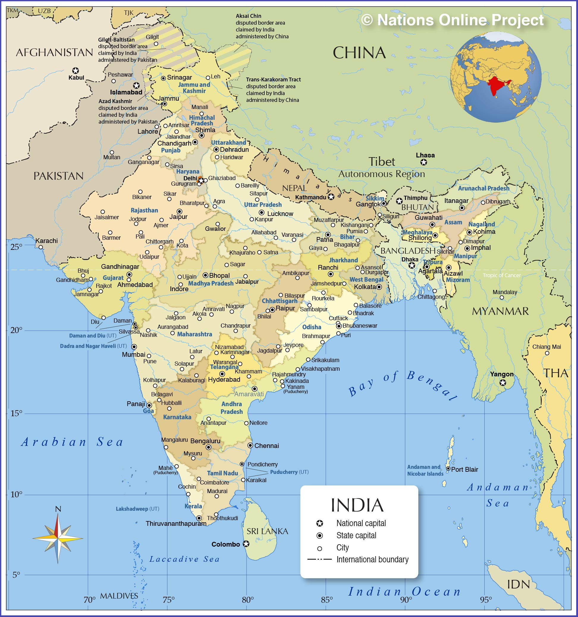 Administrative Map of India with states, union territories, capitals and major cities