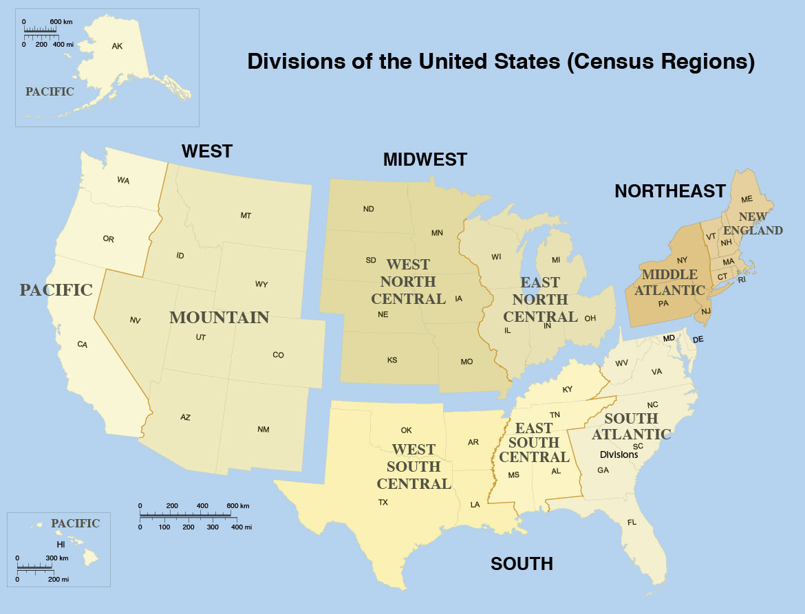 Map of Divisions of the United States (Census Regions)