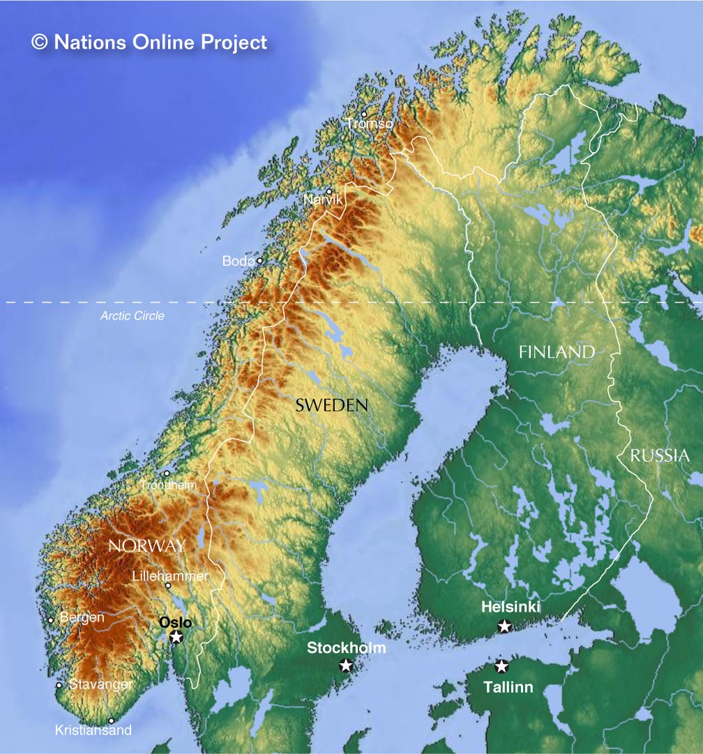 Topographic Map of Norway and most of the Scandinavian Peninsula