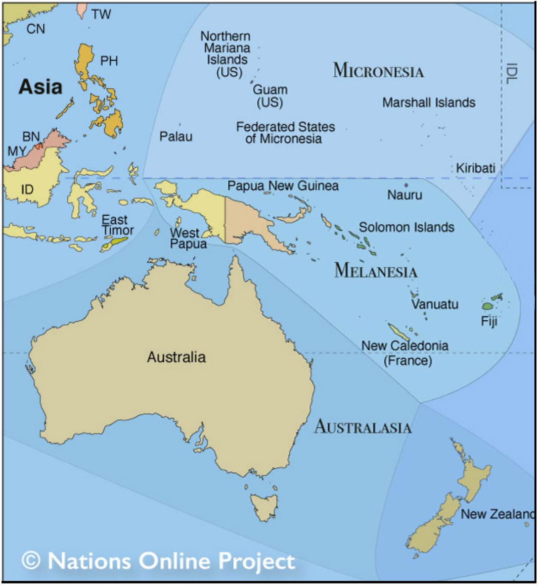 Map of the regions of Oceania: Micronesia, Melanesia, Polynesia, and Australasia.