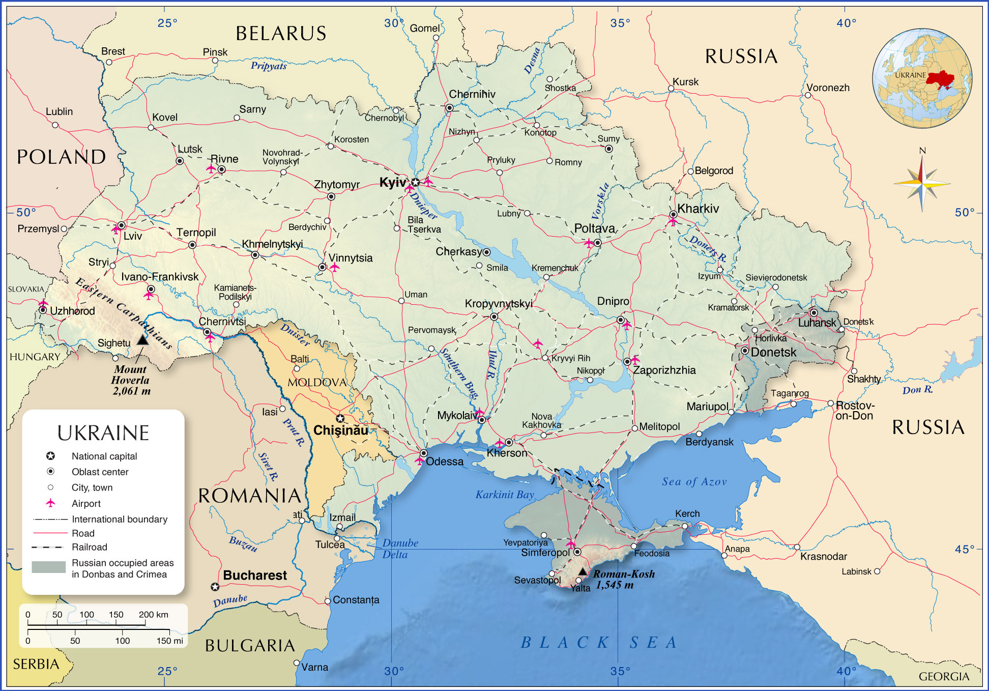 Political Map of Ukraine with Crimea and Eastern Ukraine under Russian control