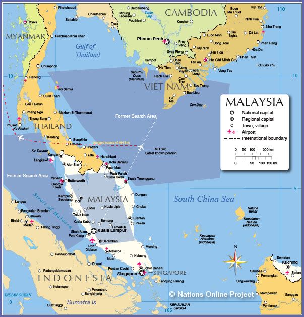 Map of Malaysia with areas of search and rescue Flight MH 370