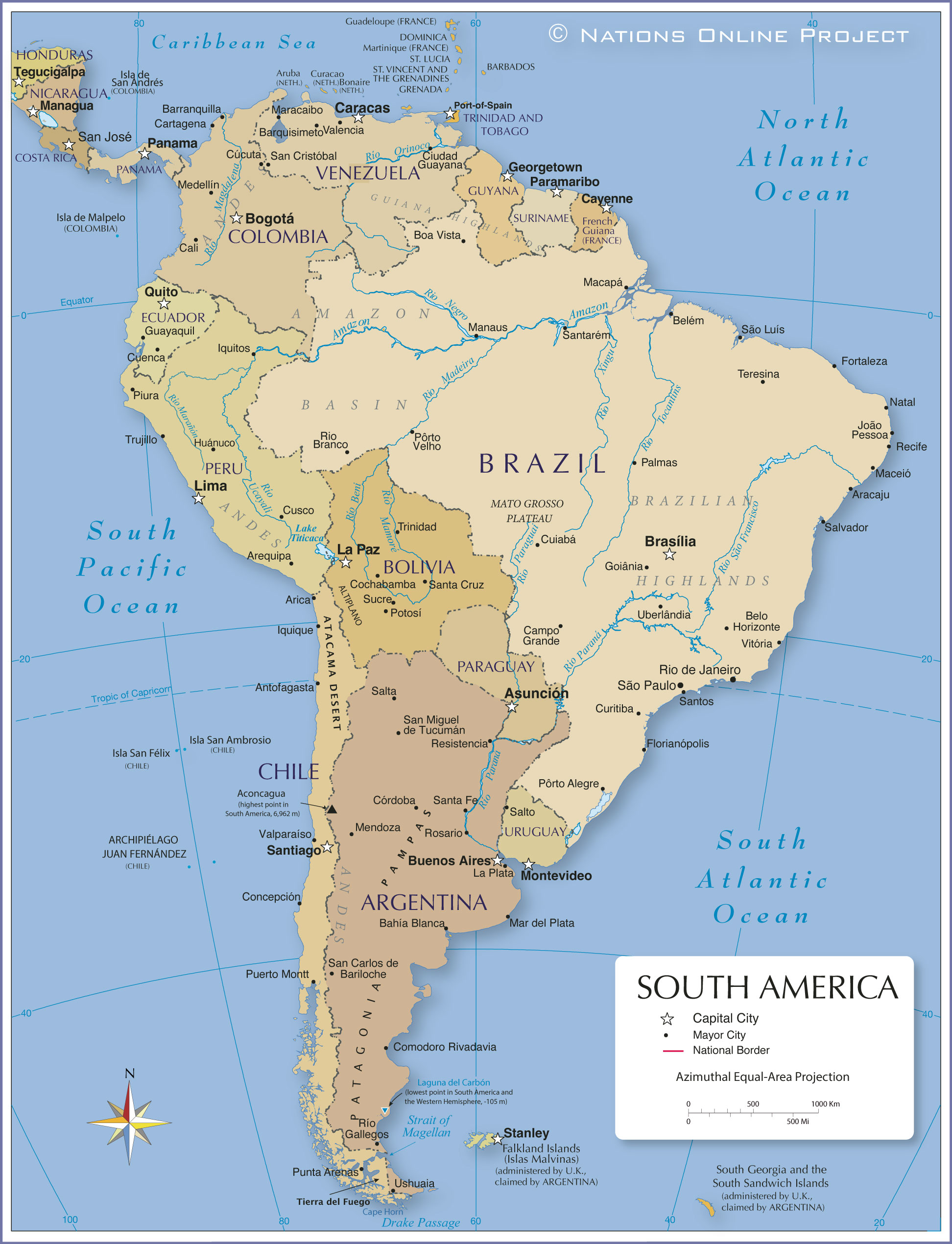 Politcal Map of South America with countries and capital cities